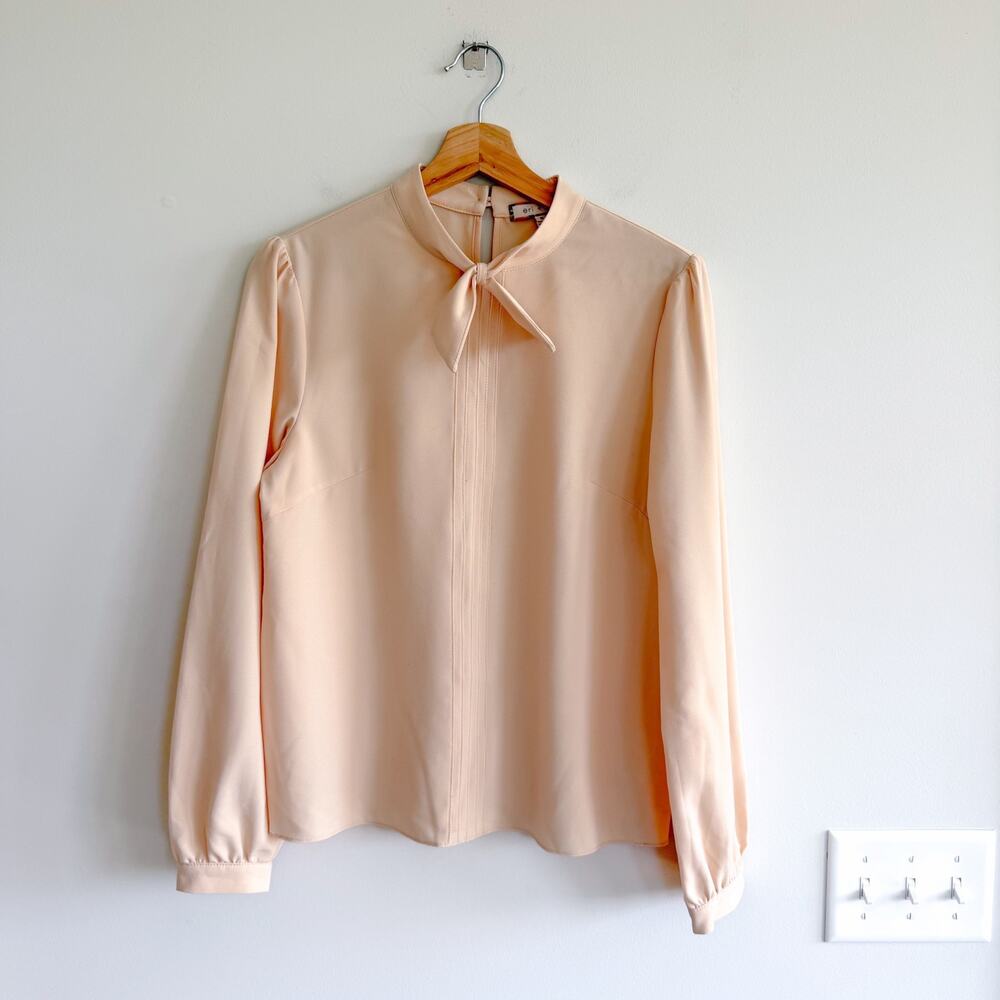 Anthropologie Eri + Ali Bow Tie-Neck Accent Long Sleeve Blouse Cream Beige S